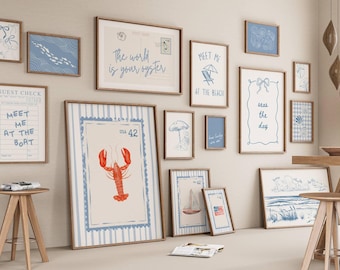 Beachy Gallery Set of 15 Prints, Girly Coastal Wall Art, Coastal Grandmother & Fisherman Aesthetic for Ocean Home Decor, Digital Download