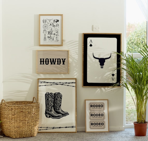 Western Art Print, Gallery Wall Art, Set of 5 Western Prints, Trendy Cowboy Aesthetic, Wild West Poster, Retro Howdy Typography, Gothic Art