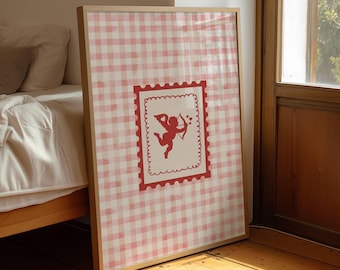 Cupid Stamp Print, Retro Valentine Wall Art, Gingham Poster for Valentines Decor, Digital Download