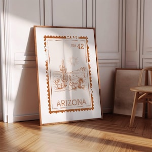 Arizona State Stamp Print, Aesthetic Travel Wall Art, Desert Cactus Artwork, Southwest Poster for Rustic Boho Decor, Digital Download
