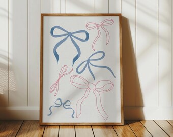 Pink & Blue Bows Print, Coquette Wall Art for Girls Room Decor, Digital Download