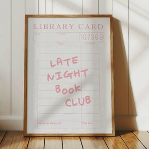 Late Night Book Club, Library Card Print, Bookish Poster, Bookworm, Trendy Wall Art, Book Lover Gift, Reading Corner Decor, Digital Download
