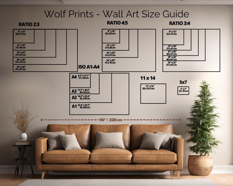 Pu&ograve; includere: Una guida alle diverse dimensioni delle stampe di lupi per l'arte murale. La guida mostra le dimensioni in pollici e centimetri per vari rapporti, tra cui 2:3, 4:5 e 3:4. La guida include anche formati di carta standard come A1, A2, A3 e A4. L'immagine mostra un divano e una pianta sullo sfondo.