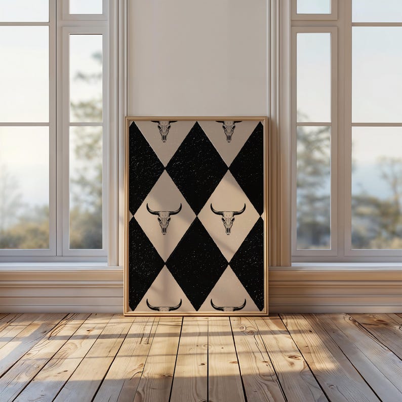 May include: A black and white diamond pattern with a bull skull graphic repeated throughout. The pattern is on a canvas print with a wooden frame.