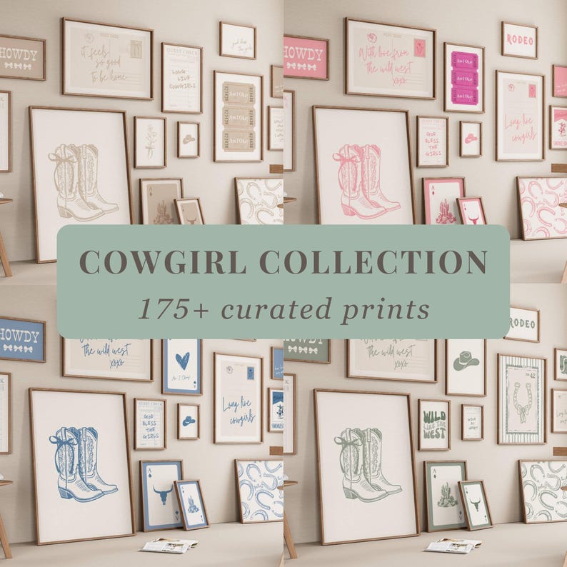 May include: A gallery wall collection of framed art prints featuring western-themed illustrations including cowboy boots, horseshoes, playing cards, and text such as Howdy, Rodeo, and Wild West. The prints are displayed in various sizes with neutral, pink, and blue colour palettes.