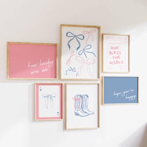Pink & Blue Trendy Cowgirl Print, Coastal Cowgirl Poster, Cute Preppy Wall Art, Girly Apartment Aesthetic, Dorm Decor Set of 6 Digital Print