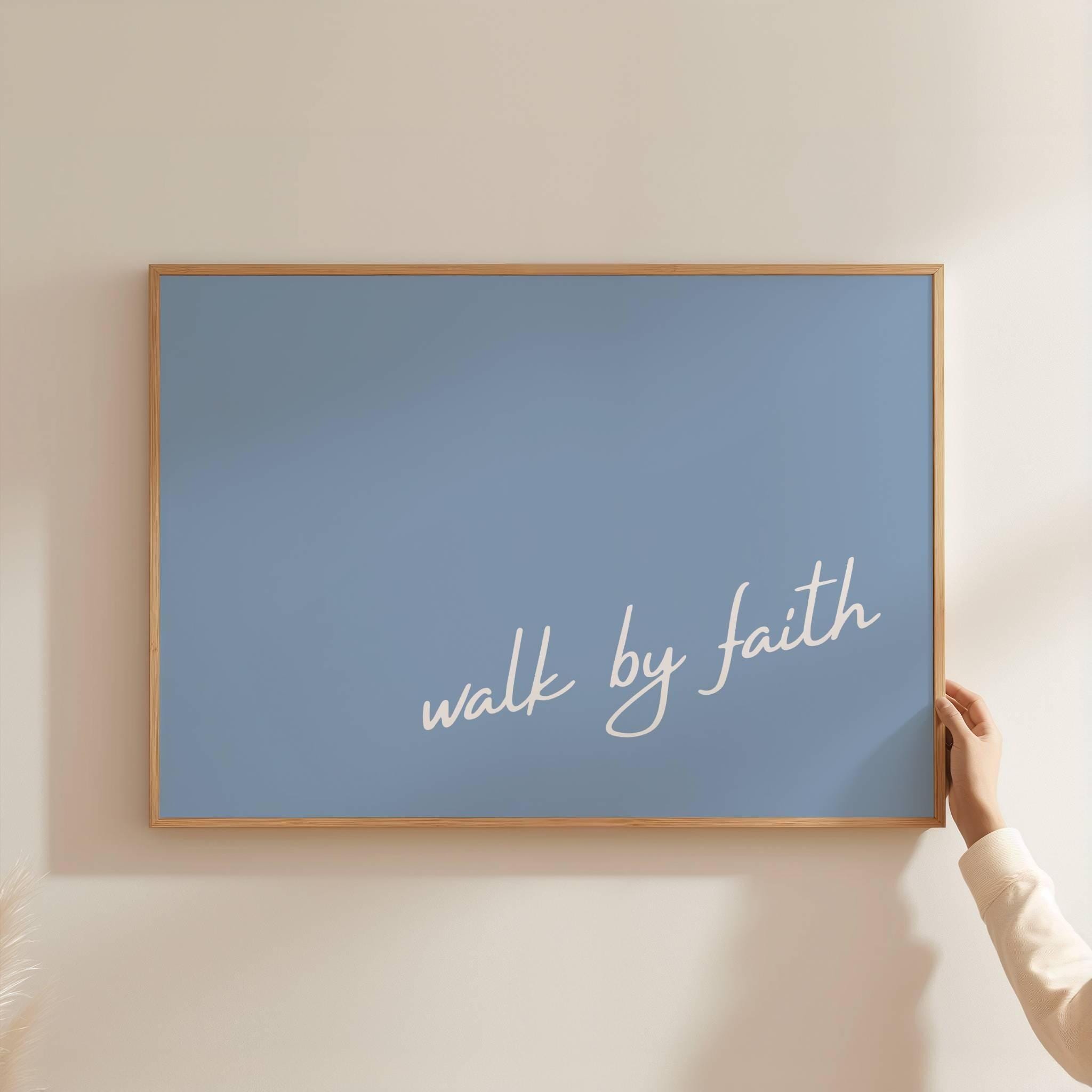 Walk By Faith, Modern Minimalist Poster, Blue Coastal Christian Print, Cute Wall Art for Christian Apartment Decor, Digital Download