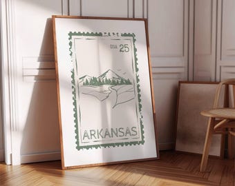 Arkansas State Stamp Print, Retro Travel Wall Art, Ozark Mountains Poster for Rustic Cabin Decor, Digital Download