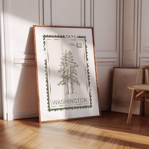 Washington State Stamp Print, Vintage Travel Wall Art, Wanderlust Art, Nature Aesthetic, Rustic PNW Poster for Cabin Decor, Digital Download