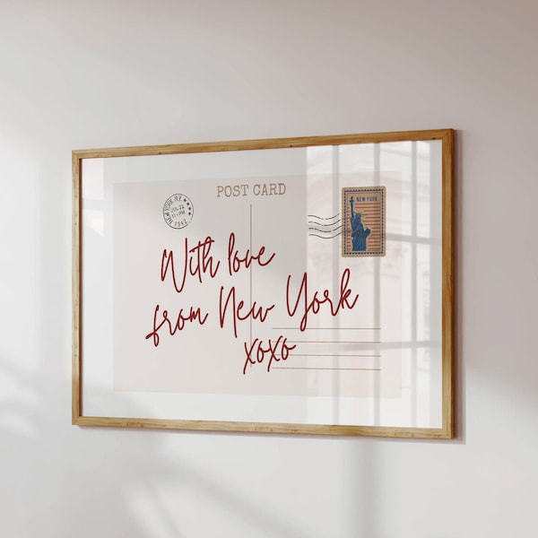 New York Postcard Poster, Travel Wall Art, Retro NYC Poster for Apartment Decor, Digital Download