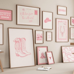 set of 15 light pink and white trendy coastal cowgirl prints with coquette bows, cowgirl boots, guest checks, and a horizontal postcard print
