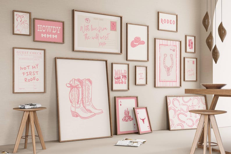 set of 15 light pink and white trendy coastal cowgirl prints with coquette bows, cowgirl boots, guest checks, and a horizontal postcard print