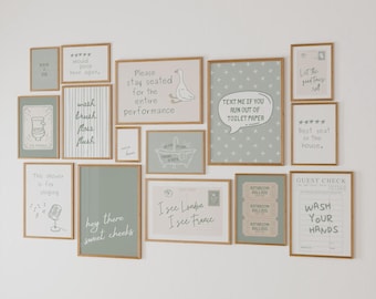 Sage Green Bathroom Wall Art Set of 15, Powder Room Prints, Funny Toilet Poster for Bathroom Decor, Digital Download