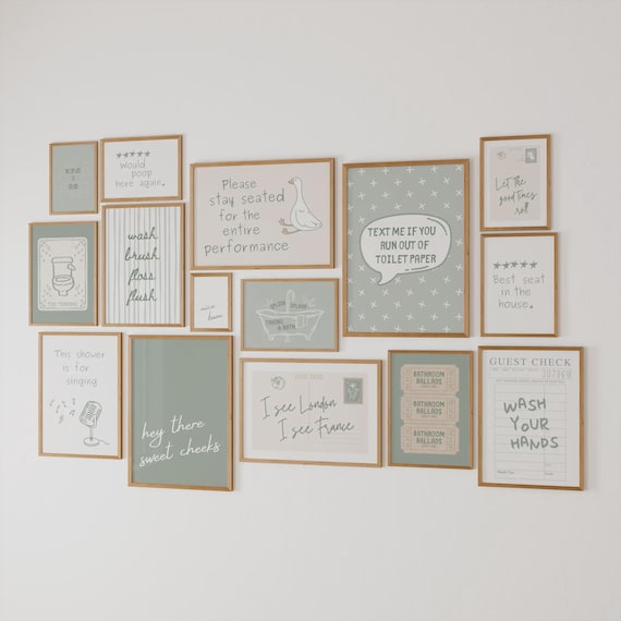 Sage Green Bathroom Wall Art Set of 15, Powder Room Prints, Funny Toilet Poster for Bathroom Decor, Digital Download