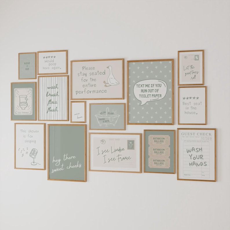set of 15 sage green bathroom wall art. hand drawn style font with retro stripe, trendy ticket poster, retro guest check print, horizontal postcard print. "I see London I See France," "hey there sweet cheeks," "nice bum" quote and more