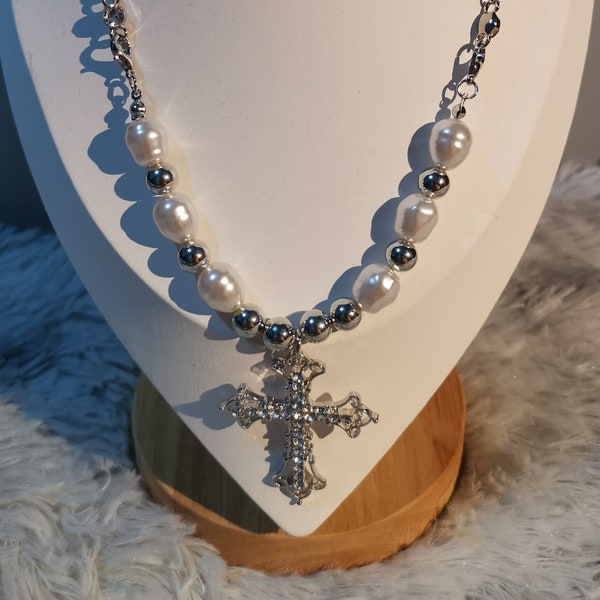 Gothic Punk Y2K Silver Cross Pendant Necklace - Vintage Grunge E girl Handmade Alternative Women's Jewelry for summer