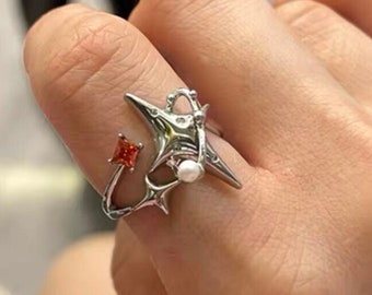 Silver Irregular Star Crystal Ring ,Y2K Aesthetic ALT, Gothic Grunge Korean ,Stainless Steel Liquid Jewelry for a Cute & Edgy