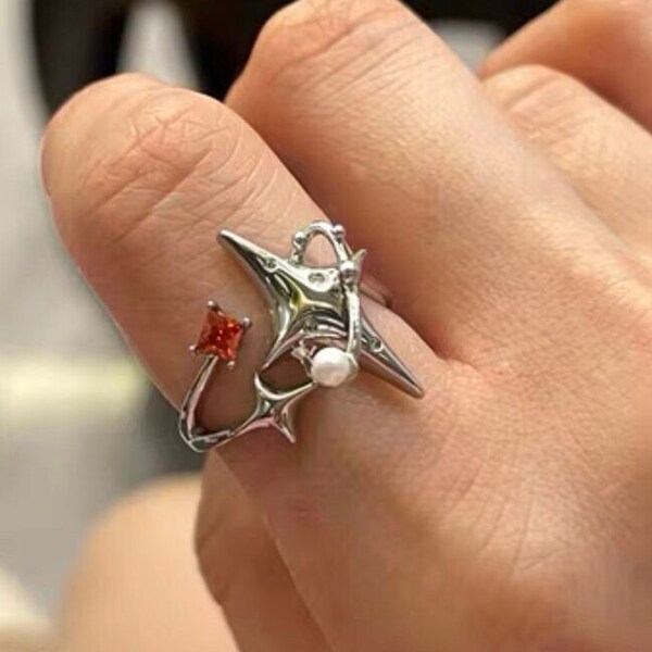 Silver Irregular Star Crystal Ring ,Y2K Aesthetic ALT, Gothic Grunge Korean ,Stainless Steel Liquid Jewelry for a Cute & Edgy