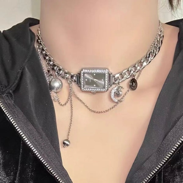 Silver Stainless Steel Y2K Watch Necklace, ALT Charms chain Chocker, Grunge Metal Liquid Cyber Punk E girl Necklace