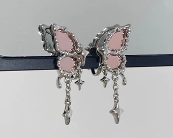 Boucles d'oreilles papillon en argent, goutte d'étoiles ALT esthétiques Y2K, boucles d'oreilles coréennes gothiques grunge, bijoux liquides en acier inoxydable pour un style mignon et avant-gardiste