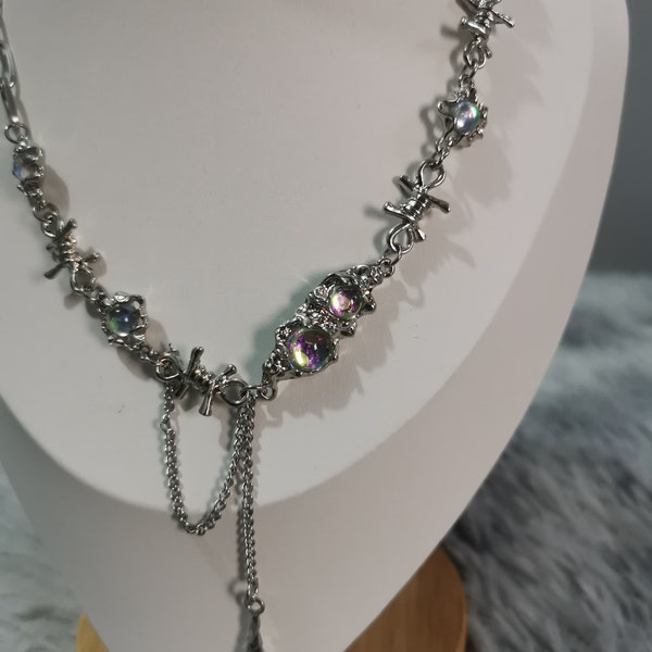 Collares de gargantilla de estrella de cristal de plata, futurista estética Y2K, cadenas celestiales coreanas de grunge gótico, joyas de metal para una apariencia linda y atrevida