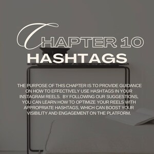 May include: Image with text: "CHAPTER 10 HASHTAGS." The text is in white, with a decorative font. The image also includes a black shelf with a small bowl on top and a book.
