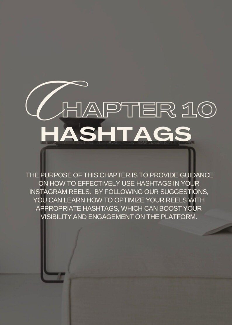 May include: Image with text: "CHAPTER 10 HASHTAGS." The text is in white, with a decorative font. The image also includes a black shelf with a small bowl on top and a book.