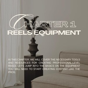 May include: A minimalist interior scene with text that reads "Chapter 1 Reels Equipment." A dark vase with black foliage sits atop a black pedestal. A beige sofa and a woven rug are also visible.