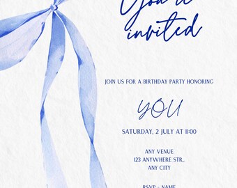 Invitación de cumpleaños con lazo azul, cinta de acuarela, fiesta minimalista coqueta (descarga digital)