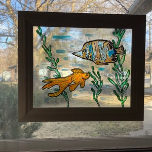 Two Fish Hand-Painted Glass Suncatcher on Upcycled Frame