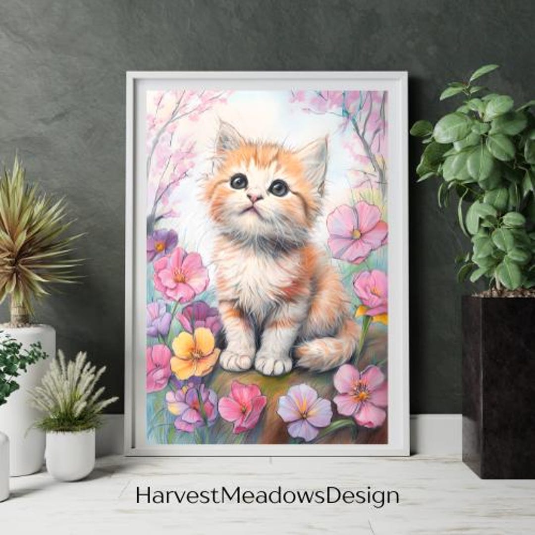 Whimsical Cat Art Digital Print - Flower Kitten Poster, Cute Wall Decor ...