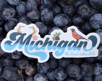 Michigan State Symbols Vinyl Sticker: Deer, Robin, Pine