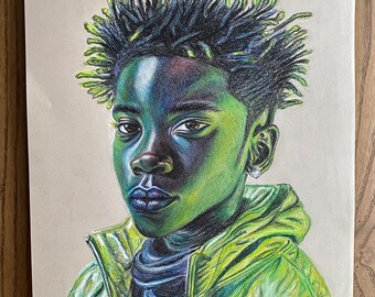 Child - Light Reference - Green, hand drawn portrait. Colored Pencil drawing from a photo.