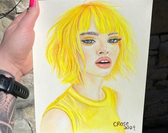 Woman - Light Reference - Yellow, hand drawn portrait. Colored Pencil drawing from a photo.