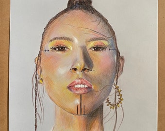 Quannah ChasingHorse - Indigenous Woman - hand drawn portrait. Colored Pencil drawing from a photo.