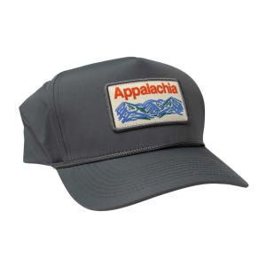 May include: A gray trucker hat with a rectangular patch featuring the word "Appalachia" in red above a blue and green mountain range design. The hat has a curved brim and a rope detail.