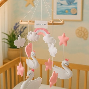 Handmade Felt Swan Baby Mobile,Pink White Nursery Decor,Crip Mobile For Baby Girl,Felt Animal Mobile with Clouds Hearts