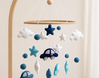 Blue Car Baby Mobile, Felt Car Nursery Mobile, Transportation Crib Mobile,Baby Boy Nursery Decor,Handmade Baby Shower Gift