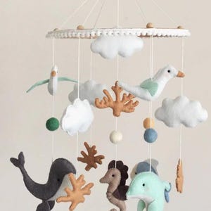 Handmade Ocean Themed Baby Mobile,Felt Sea Animals Nursery Decor- Whale,Dolphin,Seahorse,Seagull,Clouds-Coral