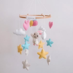 Felt Bunny Baby Mobile – Pastel Sky Nursery Decor with Stars, Clouds & Hearts – Handmade Crib Mobile for Baby Girl or Boy