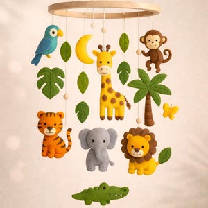 Mobile per neonati Jungle Safari – Mobile per culla in feltro con animali – Decorazione neutra per la cameretta dei bambini – Regalo fatto a mano per baby shower – Leone, elefante, giraffa