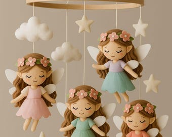 Handmade Felt Fairy Baby Mobile – Woodland Nursery Decor with Clouds & Stars – Girl’s Crib Hanging Decoration