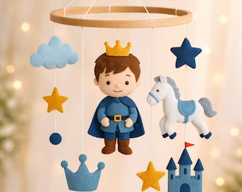 Prince Baby Mobile, Royal Nursery Decor, Felt Baby Crib Mobile, Blue Nursery Hanging, Handmade Baby Gift, Baby Boy Room Decor