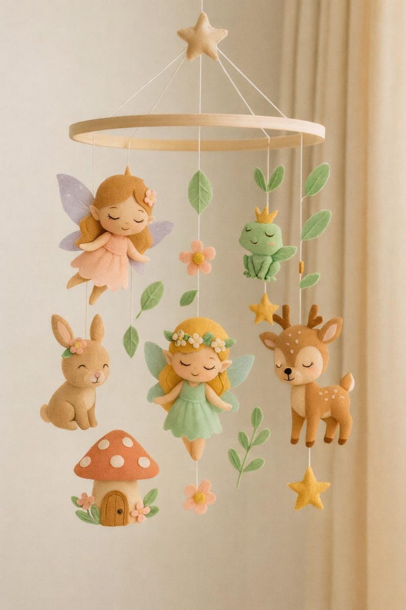 Handmade Felt Baby Mobile, Woodland Fairy Nursery Decor, Neutral Pastel ...