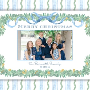 Plantilla de tarjeta con una foto: guirnalda navideña Grandmillennial con acuarela, paisaje chinoiserie - Descarga instantánea - Tarjeta editable - Tarjeta festiva