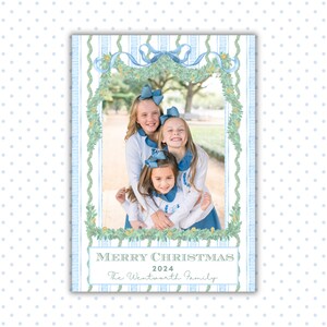 Aquarell Grandmillennial Blau Weihnachtsgirlande Chinoiserie Weihnachtskartenvorlage - Sofortiger Download - Bearbeitbare Karte - Weihnachtsgirlande