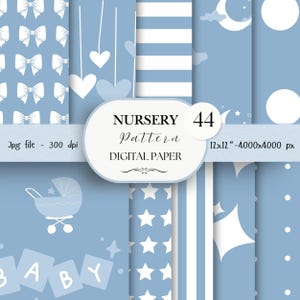 Blue Cute Baby Digital Paper Pack- 44 Nursery Baby Scrapbook Junk Journal Papers-Seamless Patterns- Digital Background-Watercolor Paper| 64