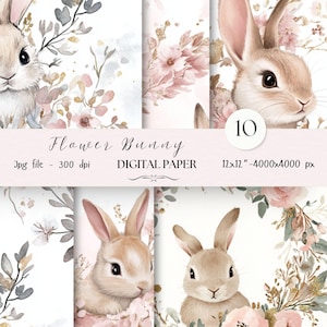 Bunny Flower Digital Paper Pack - 10 Rabbit Scrapbook Junk Journal Papers-Seamless Patterns- Digital Background-Watercolor Paper Set| 79