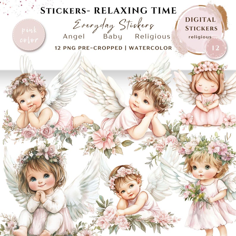 Guardian Angel Digital Stickers|12 Pink Angel Stickers Sheets| First ...