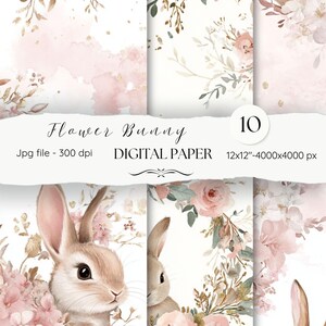 Bunny Flower Digital Paper Pack - 10 Rabbit Scrapbook Junk Journal Papers-Seamless Patterns- Digital Background-Watercolor Paper Set| 79